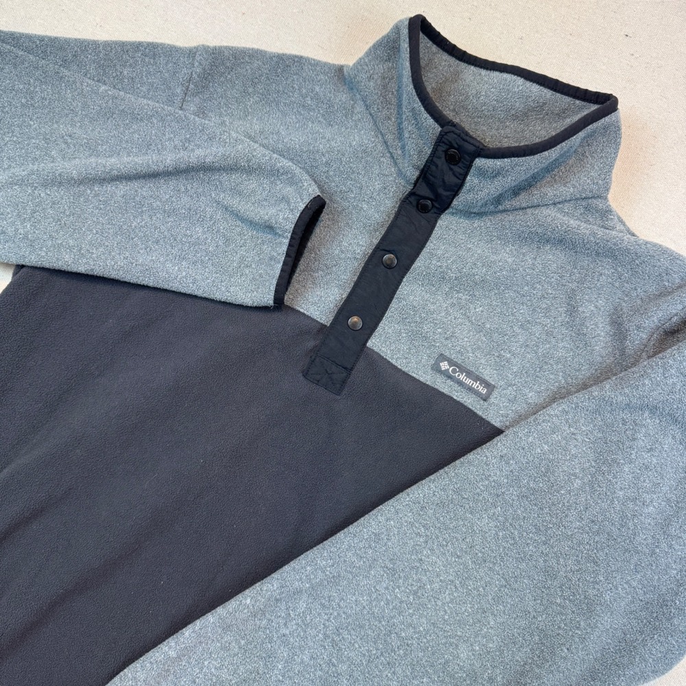 Columbia Large Fleece Pullover Mens Gray Black Colorblock Snap Neck Pockets